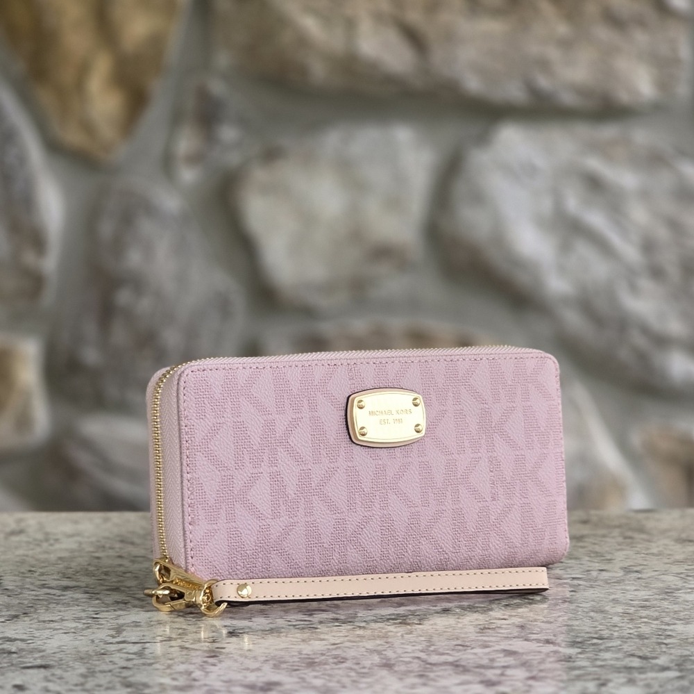 Michael Kors Jet Set Logo Continental Pink Wristlet Wallet